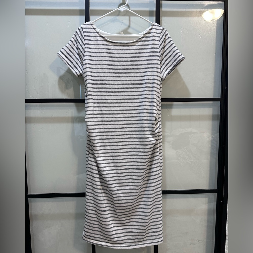 Pinkblush White and Gray Ruched Maternity Sheath Midi Dress